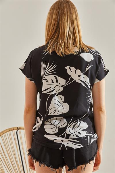 Kadın Kısa Kol Desenli Viskon Gömlek 40831005 - Siyah