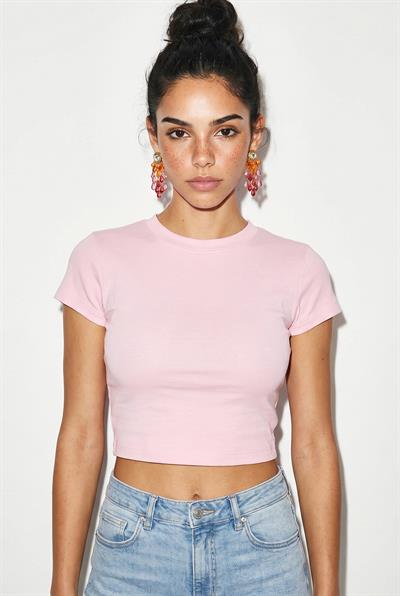 Kadın Kısa Kollu Bisiklet Yaka Crop T-Shirt 60286904 - Pembe