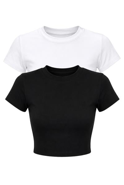 Kadın Kısa Kollu Bisiklet Yaka Crop T-Shirt 60286904 - Siyah-Beyaz