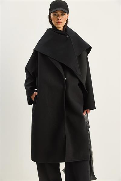 Kadın Klapa Yaka Fular Aksesuarlı Oversize Kaşe Kaban 0215 60283771 - Siyah