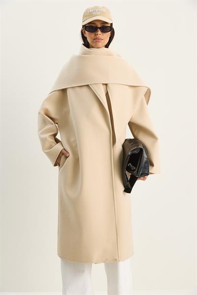 Kadın Klapa Yaka Fular Aksesuarlı Oversize Kaşe Kaban 0215 60283771 - Bej