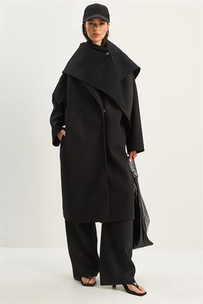 Kadın Klapa Yaka Fular Aksesuarlı Oversize Kaşe Kaban 0215 60283771 - Siyah