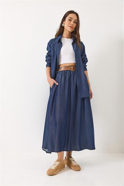 Kadın Kloş Cep Detaylı Kemerli Etek Oversize Uzun Gömlek Yazlık Denim Alt-Üst Takım 9308 60283142 - Lacivert