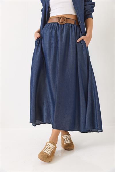 Kadın Kloş Cep Detaylı Kemerli Etek Oversize Uzun Gömlek Yazlık Denim Alt-Üst Takım 9308 60283142 - Lacivert