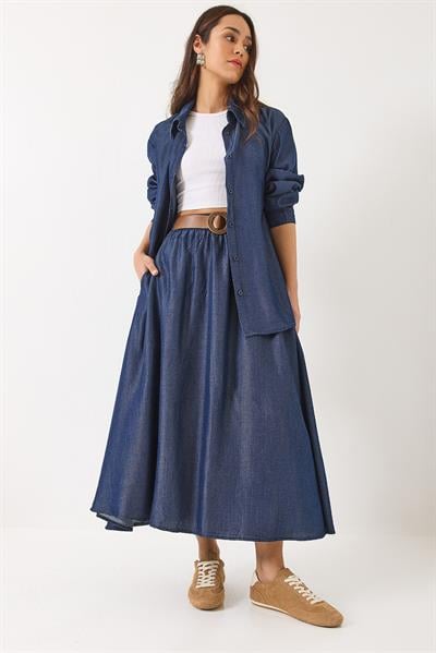 Kadın Kloş Cep Detaylı Kemerli Etek Oversize Uzun Gömlek Yazlık Denim Alt-Üst Takım 9308 60283142 - Lacivert