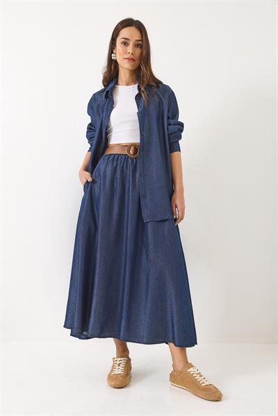 Kadın Kloş Cep Detaylı Kemerli Etek Oversize Uzun Gömlek Yazlık Denim Alt-Üst Takım 9308 60283142 - Lacivert