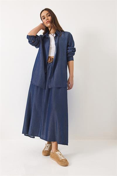 Kadın Kloş Cep Detaylı Kemerli Etek Oversize Uzun Gömlek Yazlık Denim Alt-Üst Takım 9308 60283142 - Lacivert