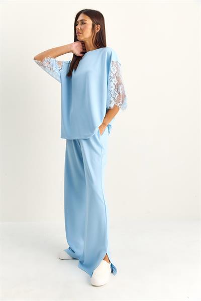 Kadın Kolları Dantelli Oversize Basic T-Shirt Beli Lastikli Bol Pantolon Alt-Üst Modal Takım 4115 60286085 - Bebe Mavisi