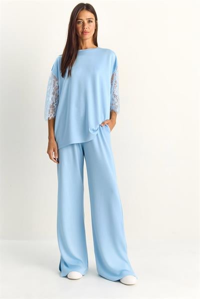 Kadın Kolları Dantelli Oversize Basic T-Shirt Beli Lastikli Bol Pantolon Alt-Üst Modal Takım 4115 60286085 - Bebe Mavisi
