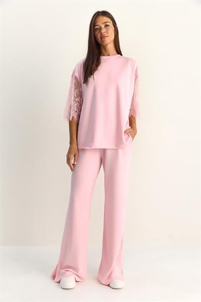 Kadın Kolları Dantelli Oversize Basic T-Shirt Beli Lastikli Bol Pantolon Alt-Üst Modal Takım 4115 60286085 - Pembe