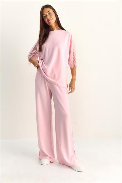 Kadın Kolları Dantelli Oversize Basic T-Shirt Beli Lastikli Bol Pantolon Alt-Üst Modal Takım 4115 60286085 - Pembe