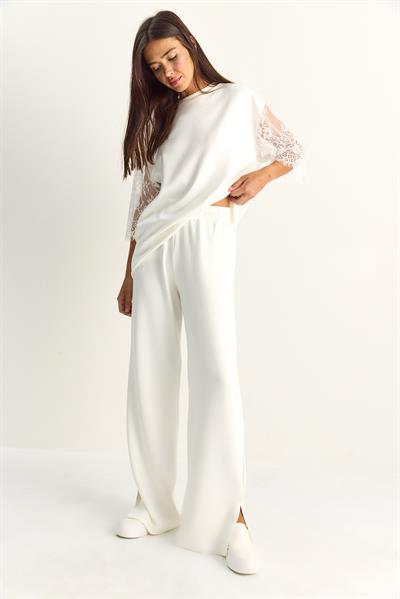 Kadın Kolları Dantelli Oversize Basic T-Shirt Beli Lastikli Bol Pantolon Alt-Üst Modal Takım 4115 60286085 - Beyaz