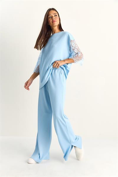 Kadın Kolları Dantelli Oversize Basic T-Shirt Beli Lastikli Bol Pantolon Alt-Üst Modal Takım 4115 60286085 - Bebe Mavisi
