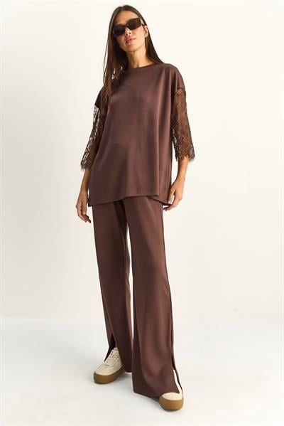 Kadın Kolları Dantelli Oversize Basic T-Shirt Beli Lastikli Bol Pantolon Alt-Üst Modal Takım 4115 60286085 - Acı Kahve