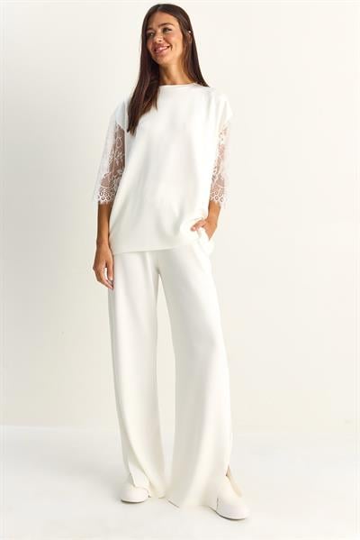 Kadın Kolları Dantelli Oversize Basic T-Shirt Beli Lastikli Bol Pantolon Alt-Üst Modal Takım 4115 60286085 - Beyaz