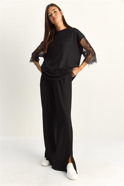 Kadın Kolları Dantelli Oversize Basic T-Shirt Beli Lastikli Bol Pantolon Alt-Üst Modal Takım 4115 60286085 - Siyah