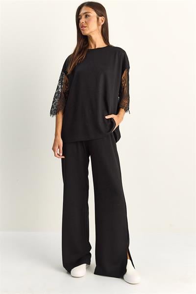 Kadın Kolları Dantelli Oversize Basic T-Shirt Beli Lastikli Bol Pantolon Alt-Üst Modal Takım 4115 60286085 - Siyah