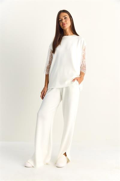 Kadın Kolları Dantelli Oversize Basic T-Shirt Beli Lastikli Bol Pantolon Alt-Üst Modal Takım 4115 60286085 - Beyaz