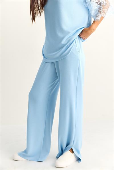 Kadın Kolları Dantelli Oversize Basic T-Shirt Beli Lastikli Bol Pantolon Alt-Üst Modal Takım 4115 60286085 - Bebe Mavisi
