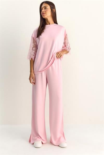Kadın Kolları Dantelli Oversize Basic T-Shirt Beli Lastikli Bol Pantolon Alt-Üst Modal Takım 4115 60286085 - Pembe