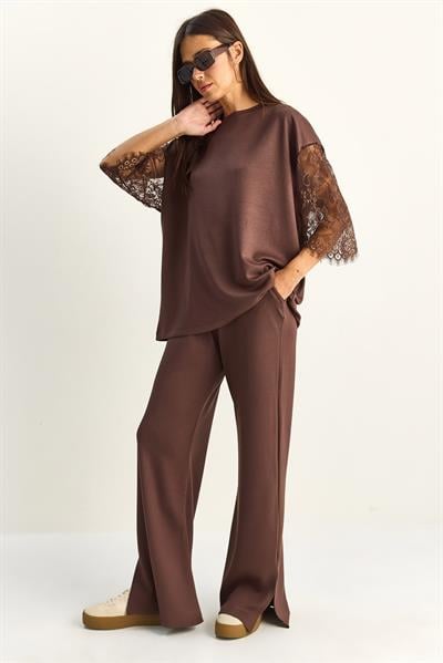 Kadın Kolları Dantelli Oversize Basic T-Shirt Beli Lastikli Bol Pantolon Alt-Üst Modal Takım 4115 60286085 - Acı Kahve