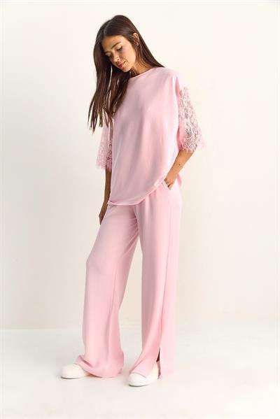 Kadın Kolları Dantelli Oversize Basic T-Shirt Beli Lastikli Bol Pantolon Alt-Üst Modal Takım 4115 60286085 - Pembe