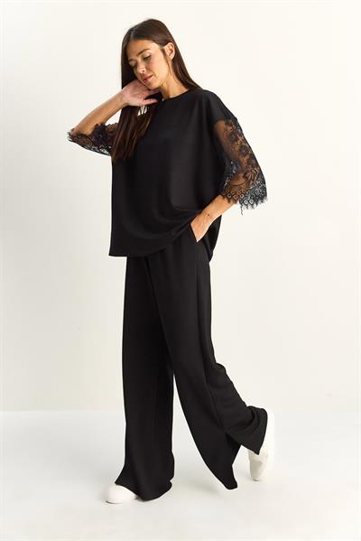 Kadın Kolları Dantelli Oversize Basic T-Shirt Beli Lastikli Bol Pantolon Alt-Üst Modal Takım 4115 60286085 - Siyah