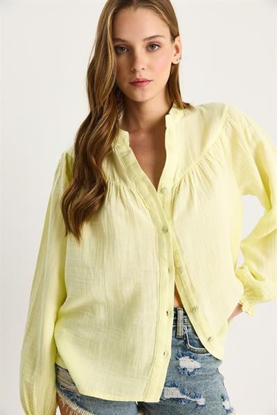 Kadın Kolları Lastikli Düğmeli Rahat Müslin Gömlek 4733 60283499 - Sarı
