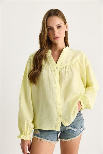 Kadın Kolları Lastikli Düğmeli Rahat Müslin Gömlek 4733 60283499 - Sarı