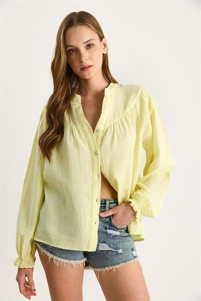 Kadın Kolları Lastikli Düğmeli Rahat Müslin Gömlek 4733 60283499 - Sarı