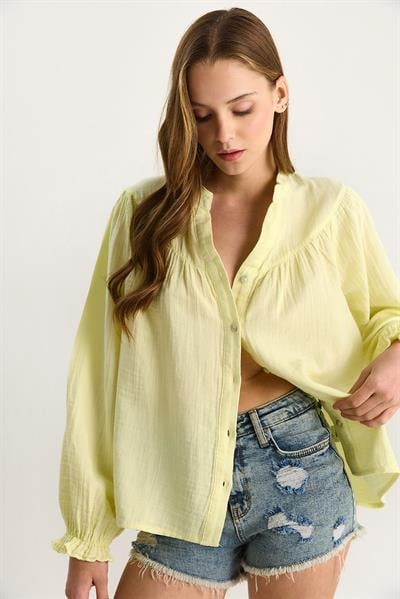 Kadın Kolları Lastikli Düğmeli Rahat Müslin Gömlek 4733 60283499 - Sarı