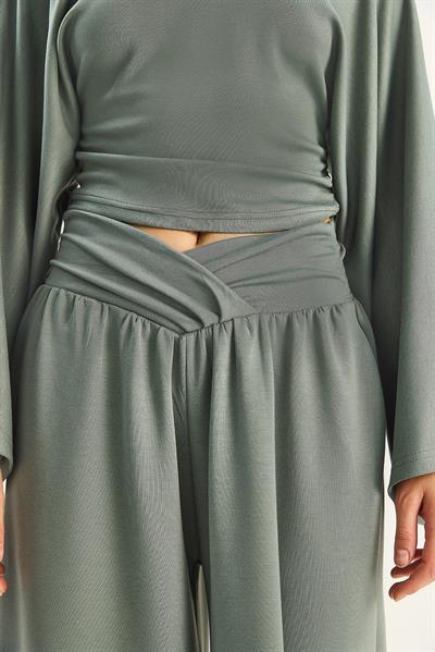 Kadın Kolları Volanlı Beli Büzgülü Üst Pileli Kemerli Bol Pantolon Modal Takım 2136 60283732 - Çağla Yeşili