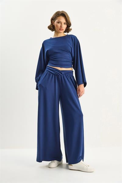 Kadın Kolları Volanlı Beli Büzgülü Üst Pileli Kemerli Bol Pantolon Modal Takım 2136 60283732 - Lacivert