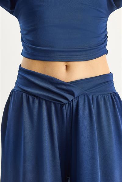 Kadın Kolları Volanlı Beli Büzgülü Üst Pileli Kemerli Bol Pantolon Modal Takım 2136 60283732 - Lacivert