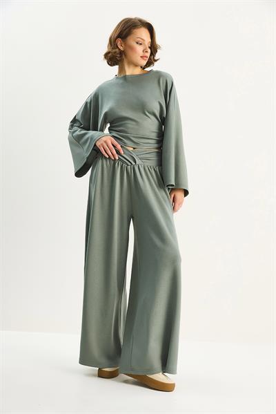 Kadın Kolları Volanlı Beli Büzgülü Üst Pileli Kemerli Bol Pantolon Modal Takım 2136 60283732 - Çağla Yeşili