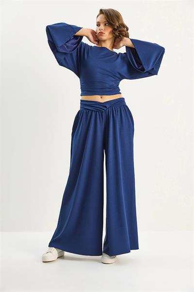 Kadın Kolları Volanlı Beli Büzgülü Üst Pileli Kemerli Bol Pantolon Modal Takım 2136 60283732 - Lacivert