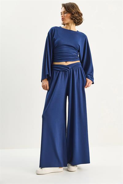 Kadın Kolları Volanlı Beli Büzgülü Üst Pileli Kemerli Bol Pantolon Modal Takım 2136 60283732 - Lacivert