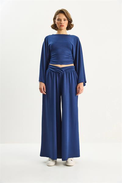 Kadın Kolları Volanlı Beli Büzgülü Üst Pileli Kemerli Bol Pantolon Modal Takım 2136 60283732 - Lacivert