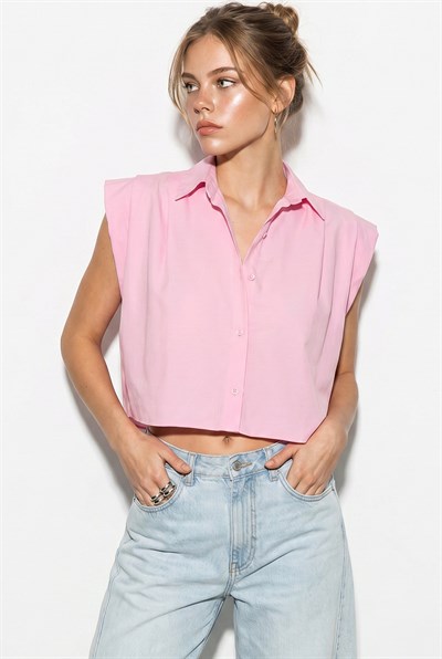 Kadın Kolsuz Gömlek Yaka Beli Lastikli Balon Crop Gömlek DG261030 60286343 - Pembe