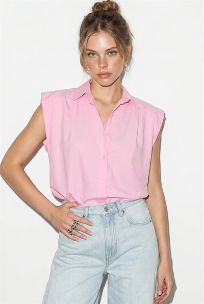 Kadın Kolsuz Gömlek Yaka Beli Lastikli Balon Crop Gömlek DG261030 60286343 - Pembe