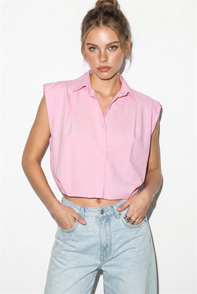 Kadın Kolsuz Gömlek Yaka Beli Lastikli Balon Crop Gömlek DG261030 60286343 - Pembe