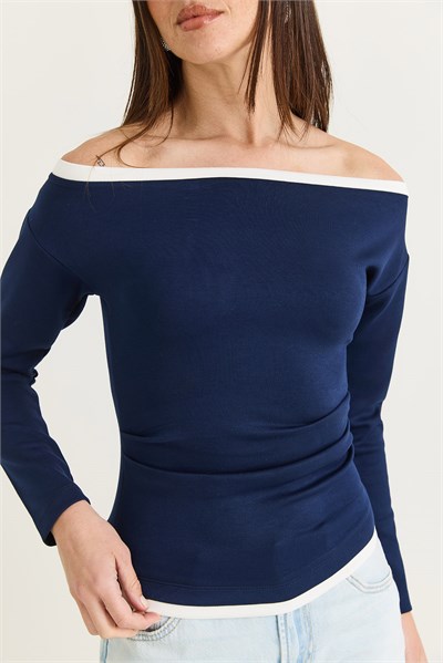Kadın Kontrast Biyeli Kayık Yaka Büzgü Detaylı Bluz 36062 60286620 - Lacivert