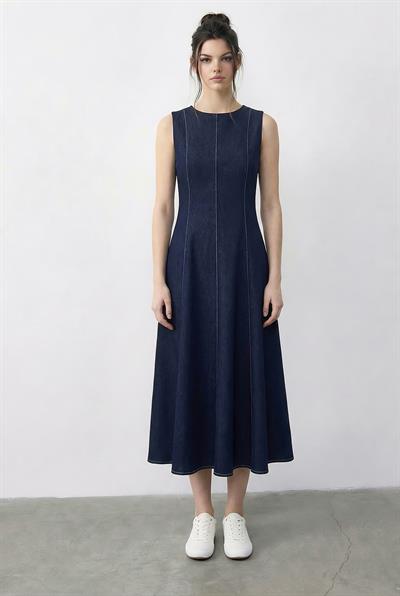 Kadın Kontrast Dikiş Detaylı Elbise Ceket Denim Takım 9401 60286043 - Lacivert