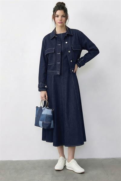 Kadın Kontrast Dikiş Detaylı Elbise Ceket Denim Takım 9401 60286043 - Lacivert
