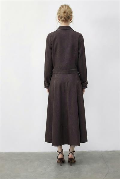 Kadın Kontrast Dikiş Detaylı Elbise Ceket Denim Takım 9401 60286043 - Kahverengi