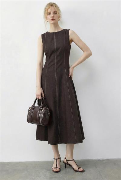 Kadın Kontrast Dikiş Detaylı Elbise Ceket Denim Takım 9401 60286043 - Kahverengi