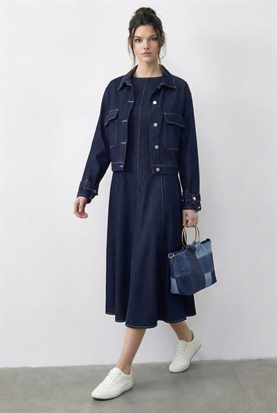 Kadın Kontrast Dikiş Detaylı Elbise Ceket Denim Takım 9401 60286043 - Lacivert