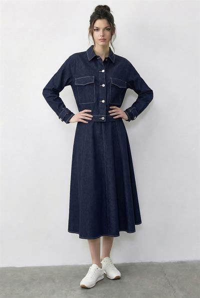 Kadın Kontrast Dikiş Detaylı Elbise Ceket Denim Takım 9401 60286043 - Lacivert