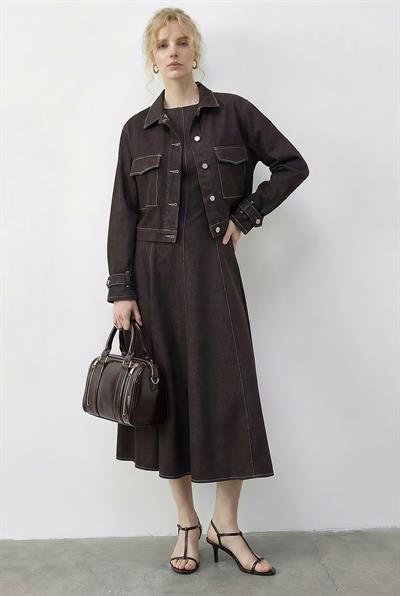 Kadın Kontrast Dikiş Detaylı Elbise Ceket Denim Takım 9401 60286043 - Kahverengi