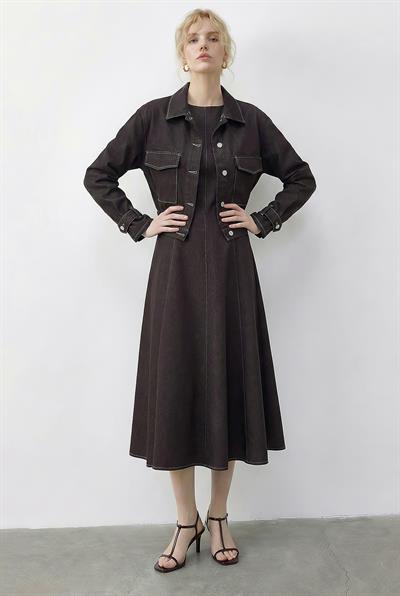 Kadın Kontrast Dikiş Detaylı Elbise Ceket Denim Takım 9401 60286043 - Kahverengi